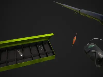 Fishing Pack - Rod - Hook - Box - Lead Low-poly 3D model