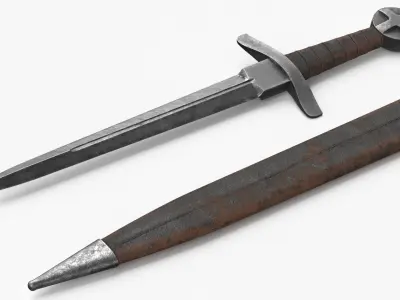 Medieval Crusader Dagger with Leather Case 3D model