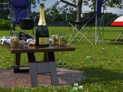 Champagne Picnic Table with Glasses and Cork 3D model