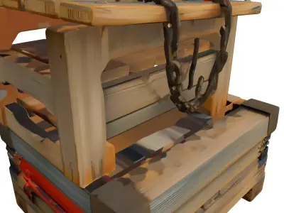 Stacked Wooden Crates with Chain Low-poly 3D model