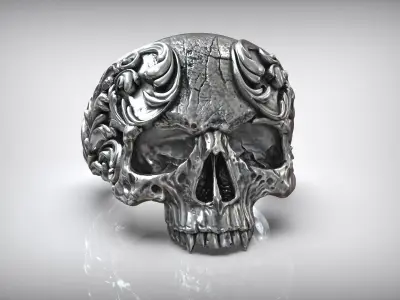 Silver Skull Oxidized Ring Baroque Style 3D print model