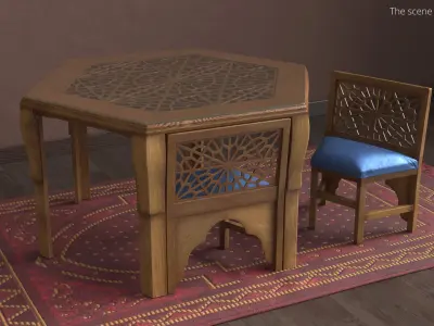 Arabic Wooden Table with Blue Cushioned Chairs 3D model