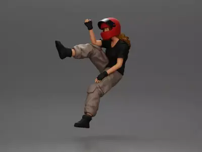 Biker woman in red helmet striking pose on black motorcycle 3D print model