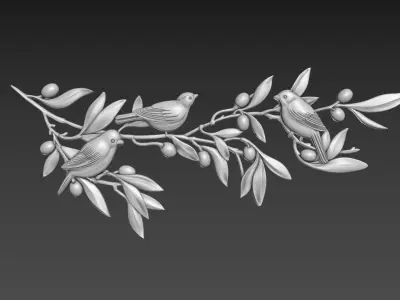 Olive branch with birds 3D model