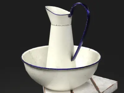 Old Enamel Jug and Wash Basin with Corner Table Low-poly 3D model