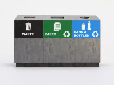 Triple Compartment Recycling Bin - Urban Street Prop Low-poly 3D model