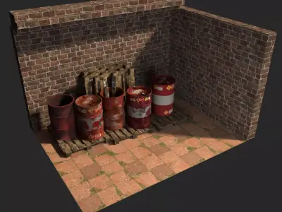 Barrel brick wall with barrels Low-poly 3D model