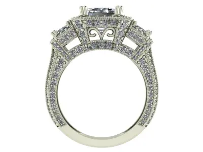 Emerald engagement ring 3 stone white gold 3D print model