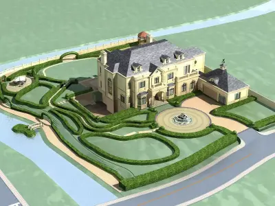 Villa mansion with garden and fountain 3D model