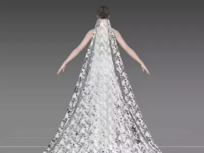 wedding dress long veil bordered with lace Low-poly 3D model