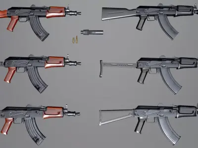 AKS Russian Assault Rifle Game Ready 6 Variations Low-poly 3D model