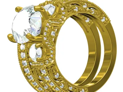 Antique Three Stone Art Deco Engagement Ring with Band 3D print model