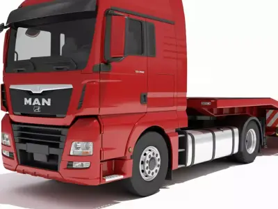 Tractor Truck with Lowboy Trailer Low-poly 3D model