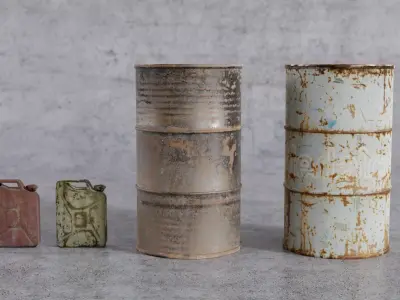 Jerrycans and barrels old and rusty Free low-poly 3D model