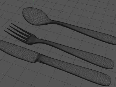 3D Spoon Set of silverware on wooden table 3D model