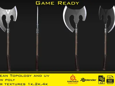 2 Axe with 3 Smart material - Game ready Low-poly 3D model