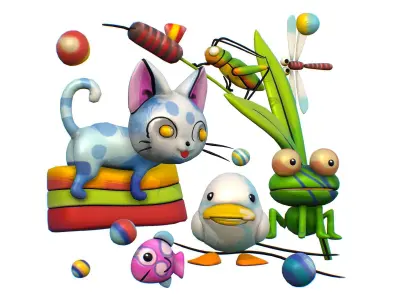 Cartoon 3D illustration Cat Duck Frog Fish Low-poly 3D model