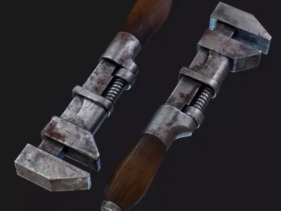 Old vintage wood handle pipe wrench Low-poly 3D model