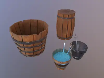 Buckets wooden bucket with water in it Free low-poly 3D model