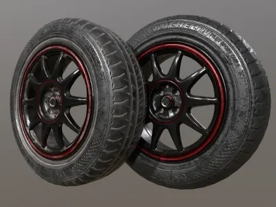 Clean and worn 2 tires and rim collection game ready Low-poly 3D model
