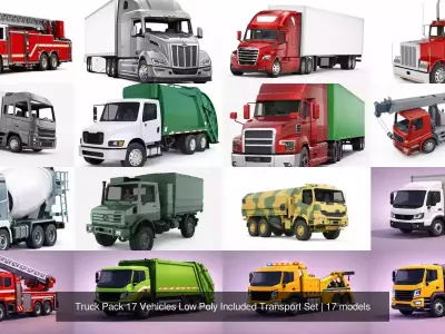 Truck Pack 17 Vehicles Low Poly Included Transport Set