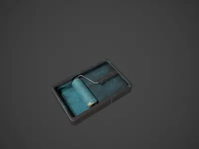 Paint Roller and Tray - Blue Paint Low-poly 3D model