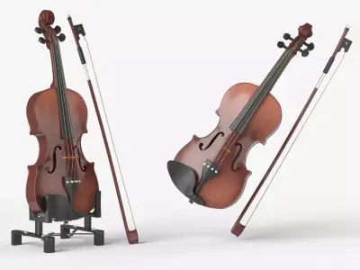 Violin music instrument with Bow and stand 3D model