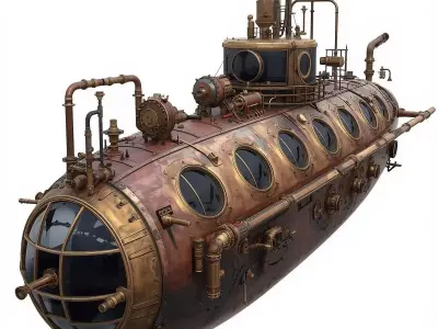 Steampunk Heavy Industrial Submarine 3D Model Low-poly 3D model