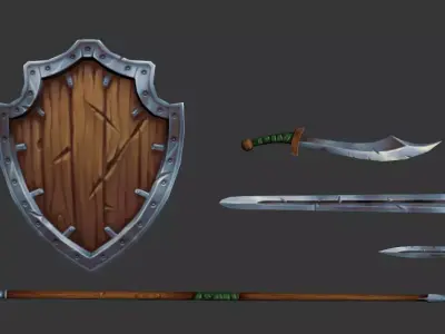 Shield and weapons Low-poly 3D model