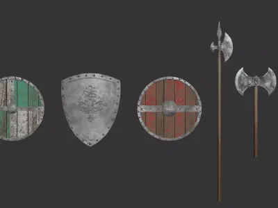 Small PBR Axes and Shields kit Low-poly 3D model