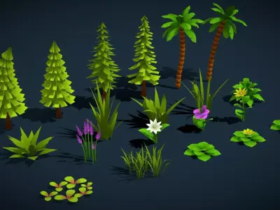 Stylized Lowpoly Game Foliage Low Poly Trees Grasses Plants Kit Low-poly 3D model