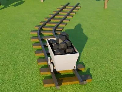 Low Poly Coal Cart and Mine Rail - Optimized Exterior Set 3D model