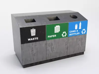 Triple Compartment Recycling Bin - Urban Street Prop Low-poly 3D model