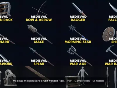 Medieval Weapon Bundle with weapon Rack - PBR - Game Ready 3D Model Pack