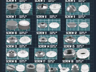 25 Sub-D Hard Surface Screw Heads Free 3D model