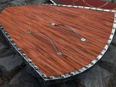 Medieval round shield with a  cross and genuine leather straps Low-poly 3D model