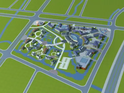 Architecture campus in middle of field 3D model