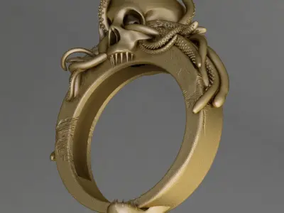 Antique Skull Octopus Tentacles Silver  Gents Signet Ring 3D print model