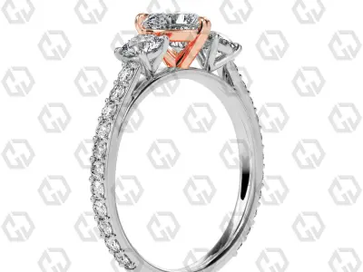 Ring 124 Heart cathedral pave set shank 3 stone ring 3D print model