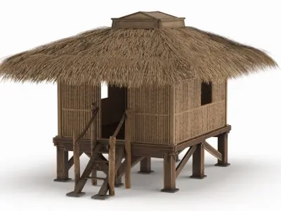 Elevated Bamboo Hut with Thatched Roof 3D model