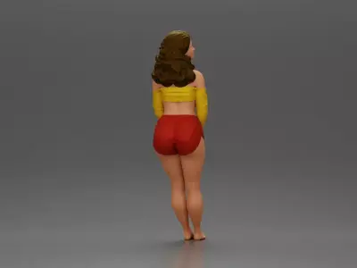 Woman in yellow top and red shorts leaning to wall 3D print model