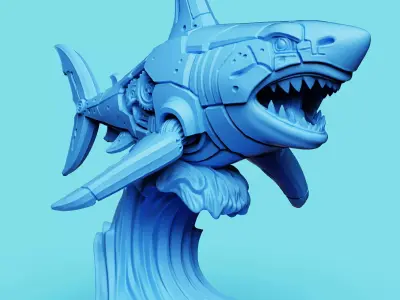 Mecha Shark Attack Statue  Sci-Fi Ocean Figure 3D print model