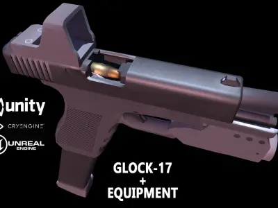 Low-poly game-ready 3d model Glock-17 and equipment Low-poly 3D model