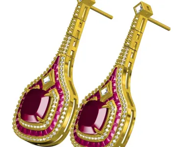 Antique Pink Sapphire stone and Round Diamond Art Deco Earring 3D print model