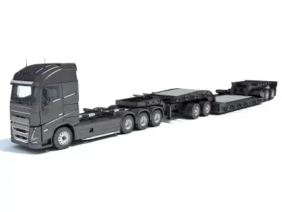 Truck with Lowboy Trailer 3D model 2