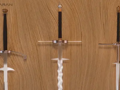 Zweihander set sword on wooden table 3D model