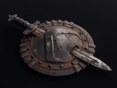 Medieval Rusty Shield with Sword Low-poly 3D model