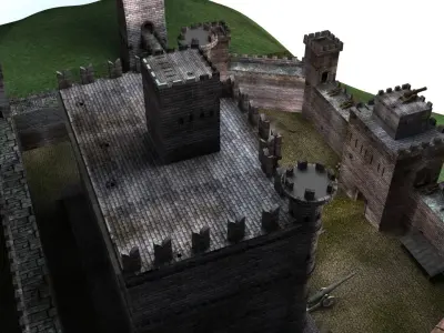 Castle cannons in courtyard of medieval 3D model