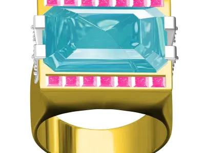 Antique Aquamarine Emerald and Ruby Princess Stone Cocktail Ring 3D print model