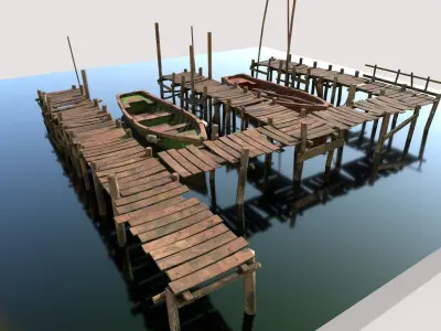 Wooden Pier With Fishing Boats 3D model
